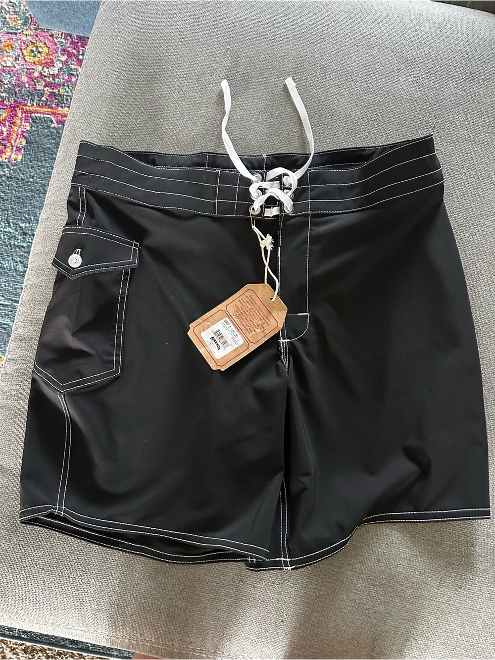 Birdwell Black Swim Board Shorts with White Drawstring